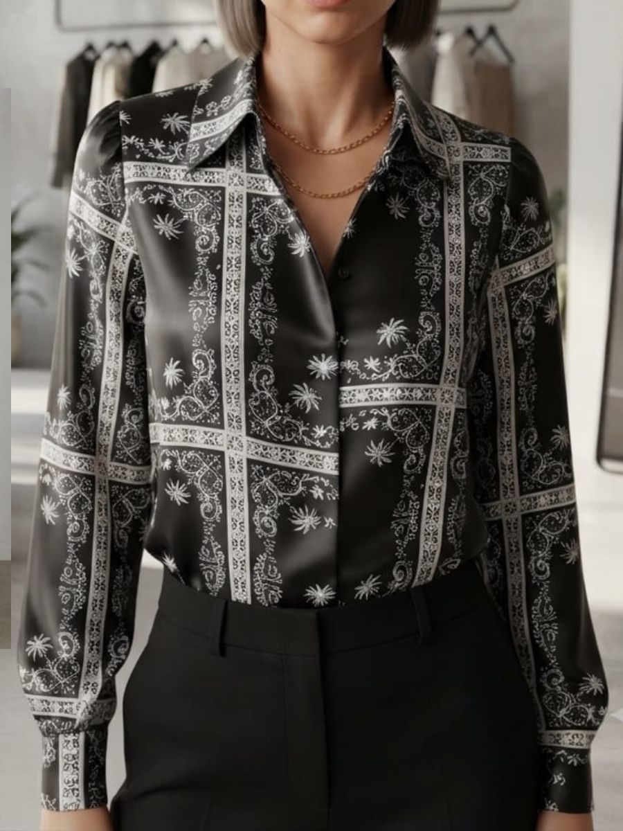 ModaFesta -black flawer printed satin shirt